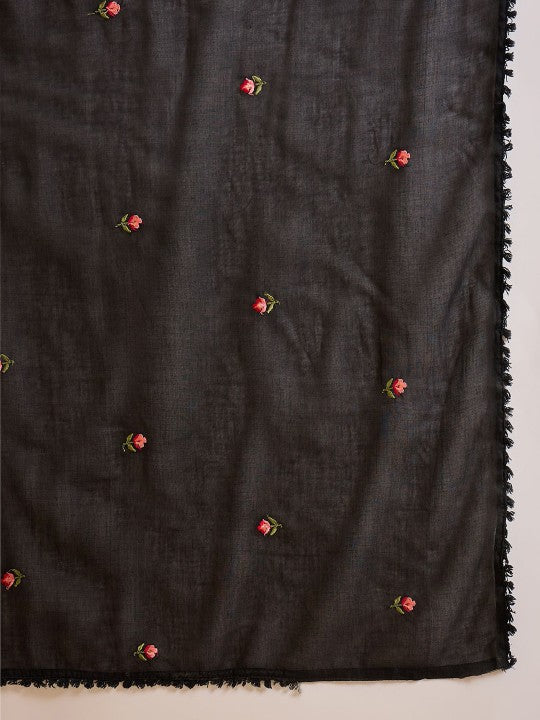 CHETI Floral Embroidered Thread Work Organic Cotton Straight Kurta With Trousers & Dupatta