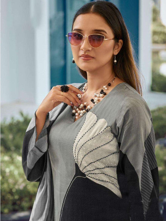 Floral Printed V-Neck Straight Thread Work Kurta With Trousers & Dupatta