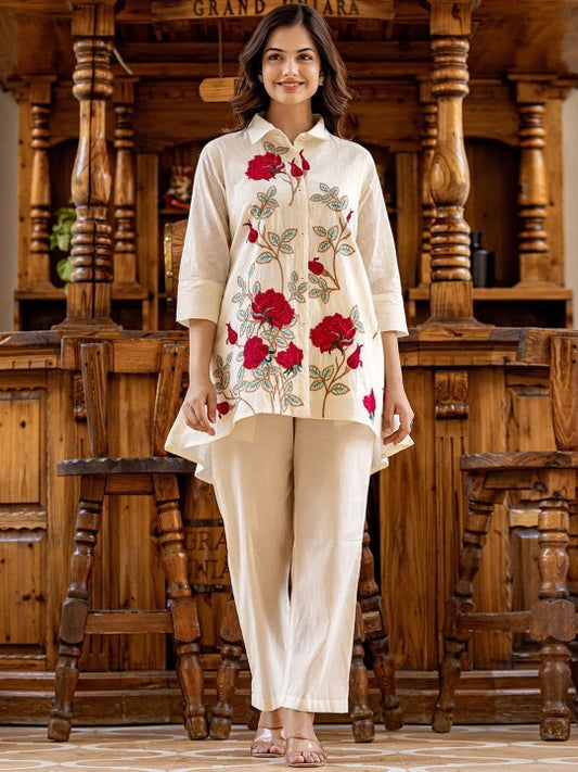 Indo Era Floral Embroidered Thread Work Pure Cotton Shirt with Trousers