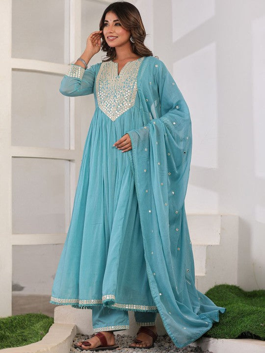 CHETI Geometric Yoke Design Pleated Mirror Work Anarkali Kurta With Trousers & Dupatta