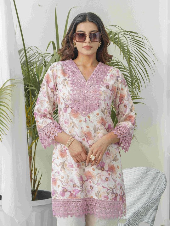 Floral Printed V-Neck Linen Tunic With Trousers