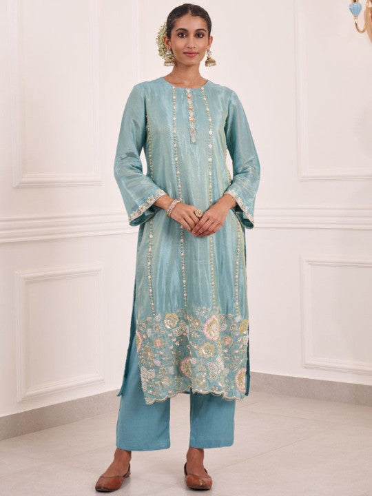 AUTUMN LANE Gaurisha Lapis Floral Embroidered Thread Work Kurta With Trousers & Dupatta