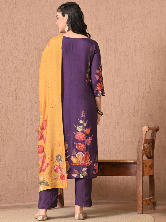 HARIKS Women Floral Printed Regular Pure Silk Kurti with Trousers & With Dupatta