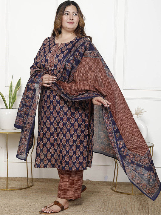 Swasti Women Floral Printed Regular Sequinned Pure Cotton Kurta with Trousers & With Dupatta