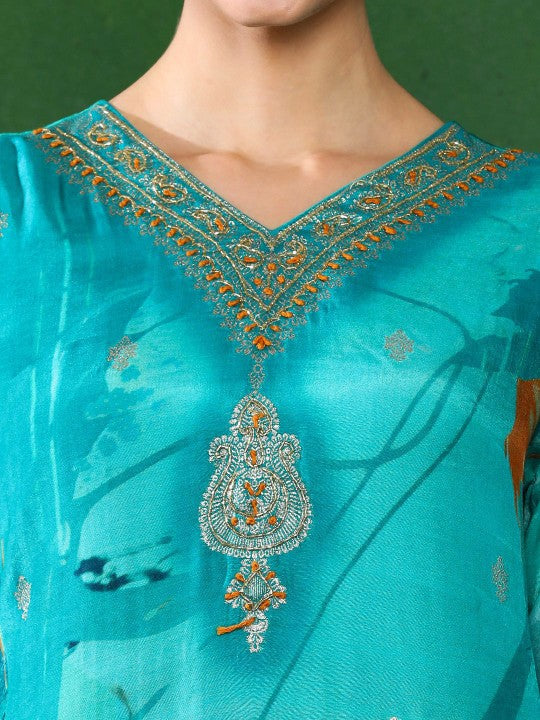 Jaipur Kurti Women Floral Embroidered Cotton Kurta with Trousers & Dupatta