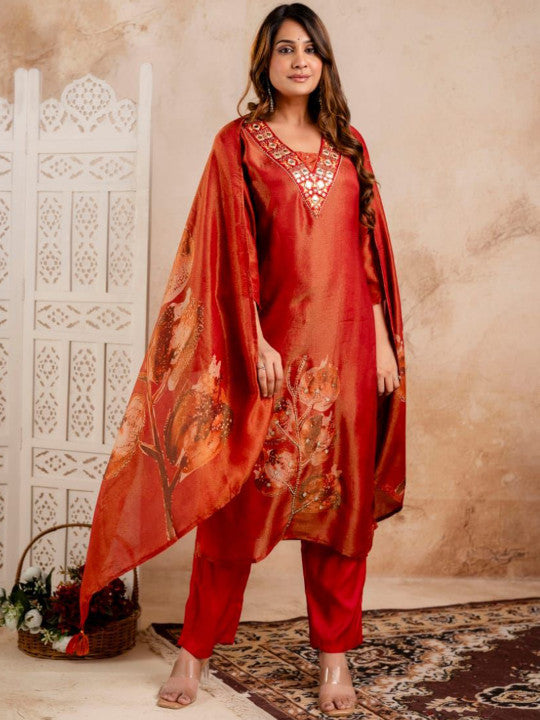 AUTUMN LANE Women Ethnic Motifs Embroidered Kurta with Trousers & Dupatta