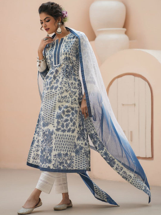 Floral Printed Thread Work Pure Cotton Straight Kurta & Trouser & Dupatta
