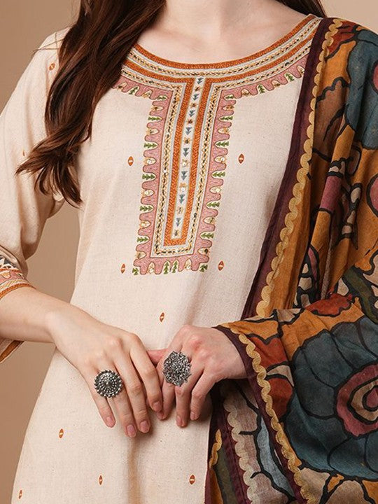 FASHOR Women Ethnic Motifs Printed Thread Work Pure Cotton Kurta with Trousers & Dupatta