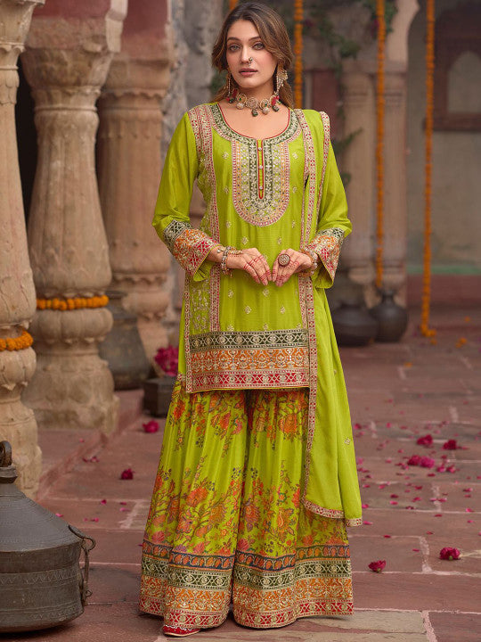 Indo Era Floral Embroidered Sequinned Chinon Straight Kurta With Sharara & Dupatta