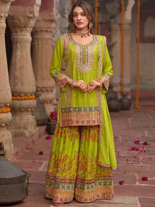 Indo Era Floral Embroidered Sequinned Chinon Straight Kurta With Sharara & Dupatta