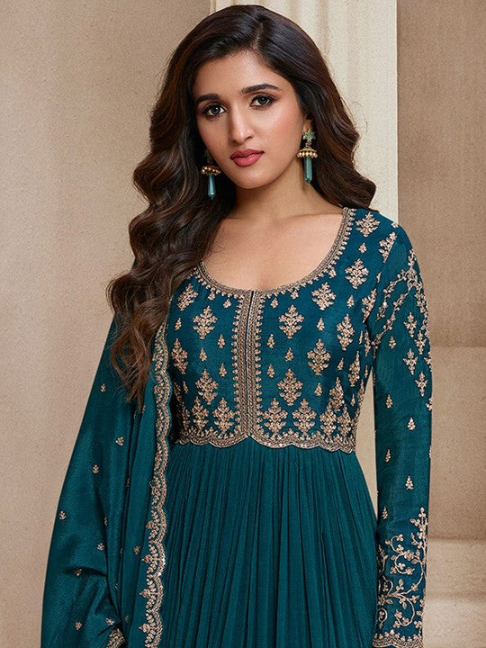 Trendmalls Women Ethnic Motifs Embroidered Pleated Sequinned Silk Chiffon Kurta