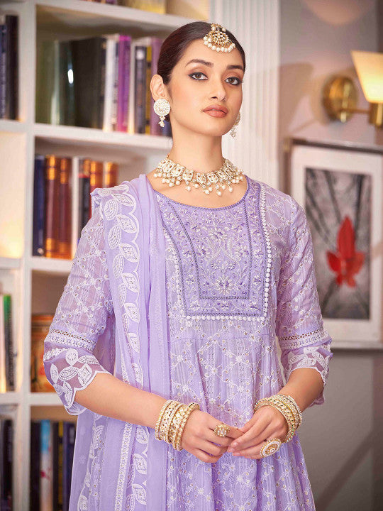 House of Pataudi Women Embroidered Pure Cotton Anarkali Kurta with Trouser & Dupatta