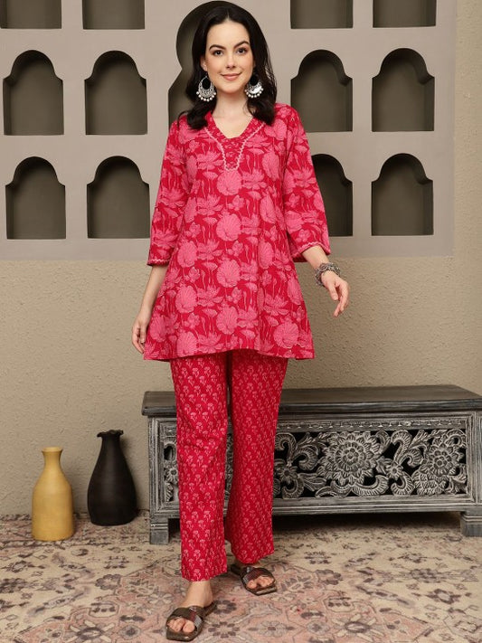 BANDIA Women Floral Printed Top With Trousers Co-Ords