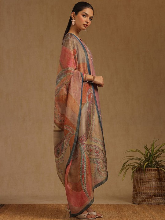 Floral Printed V-Neck Beads And Stones Straight Kurta With Trousers And Dupatta