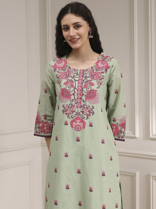 Biba Floral Printed Round Neck Pure Cotton Straight Kurta With Palazzos & Dupatta