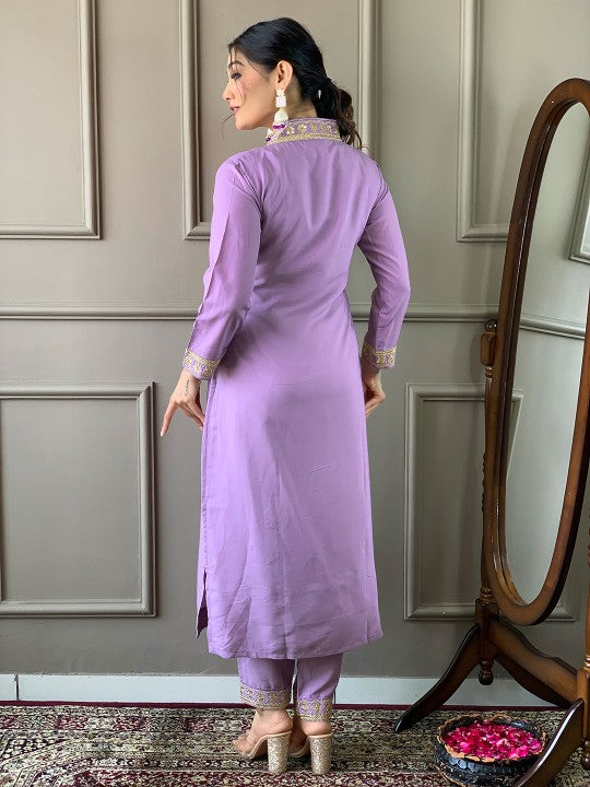 Embroidered V Neck Chanderi Silk Kurta With Trousers & Dupatta