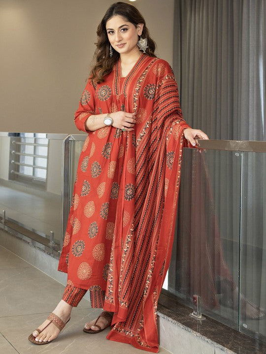 Arayna Floral Printed V-Neck Pure Cotton A-Line Kurta With Trouser & Dupatta
