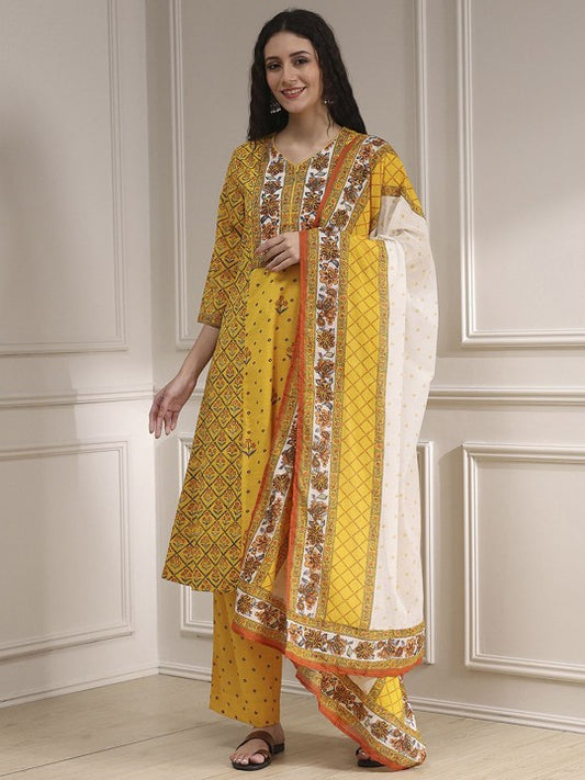 Biba Floral Printed V-Neck Pure Cotton A-Line Kurta With Palazzos & Dupatta