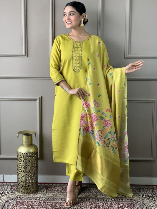 Floral Yoke Design Thread Work Round Neck Straight Kurta With Trousers & Dupatta