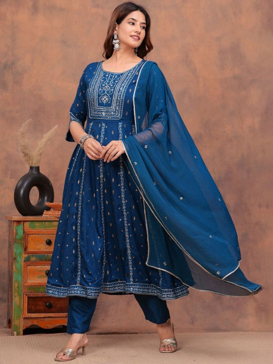 TOULIN Floral Printed Zari Anarkali Kurta With Palazzos & Dupatta
