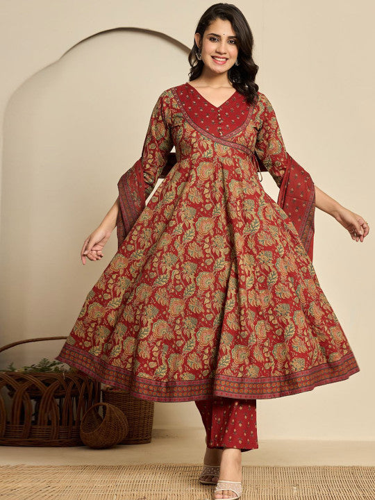 Do Dhaage Floral Printed V-Neck Angrakha Pure Cotton Anarkali Kurta With Trouser & Dupatta