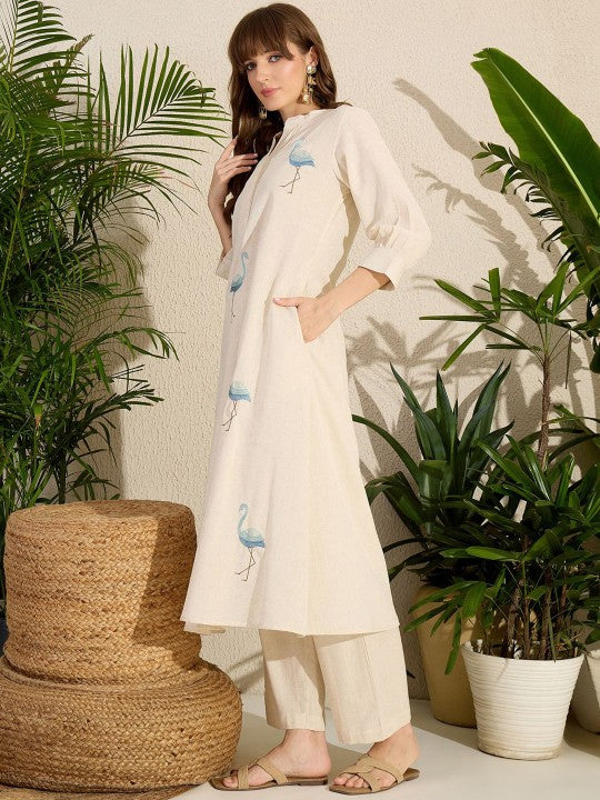 Indo Era Embroidered Mandarin Collar A-Line Pure Cotton Kurta With Pants