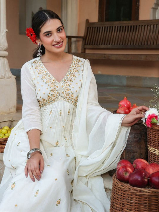 Janasya Women Off White Pure Cotton Embroidered A-line Kurta