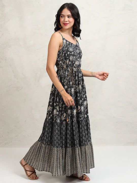 Vishudh Floral Printed Fit and Flare Maxi Ethnic Dress With tie up shrugs