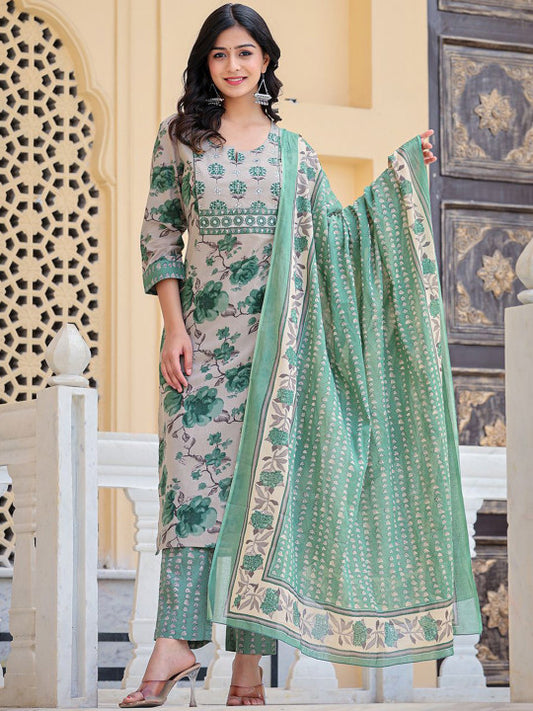 AARDRAA Floral Printed Notch Neck Pure Cotton Straight Kurta With Trousers & Dupatta
