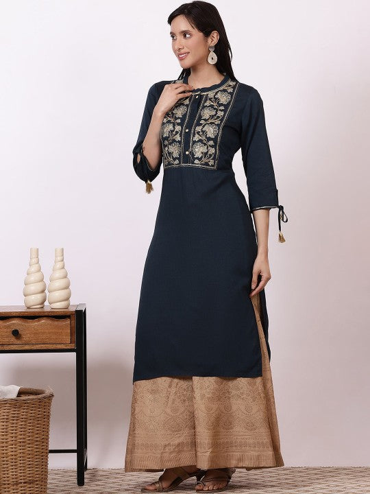 AURELIA Women Floral Yoke Design Regular Thread Work Kurta with Skirt & With Dupatta