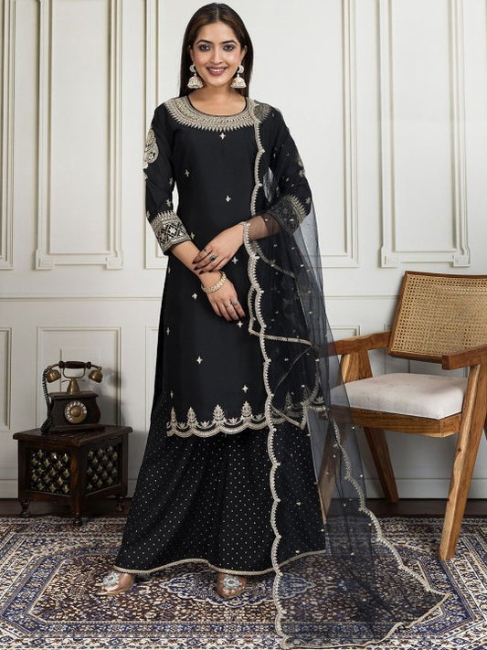 House of Pataudi Ethnic Motifs Zari & Sequinned Embroidered A-Line Kurta