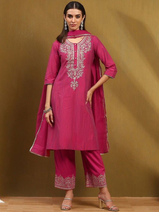 Biba Ethnic Motifs Embroidered Thread Work Pure Cotton Kurta With Trousers & Dupatta
