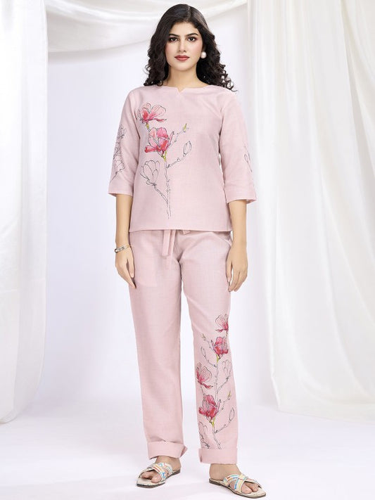 Floral Printed Round Neck Top & Trousers With Belt Co-Ords