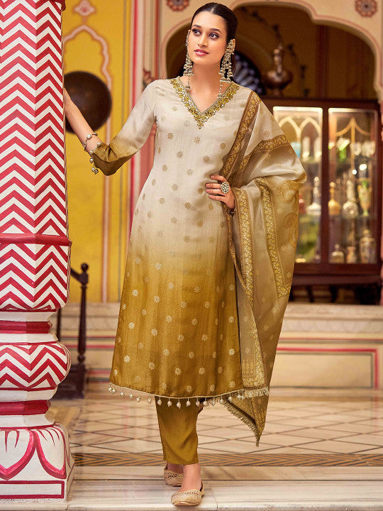 House of Pataudi Women Ethnic Motifs Woven Mirror Work Ombre Kurta with Trousers & Dupatta