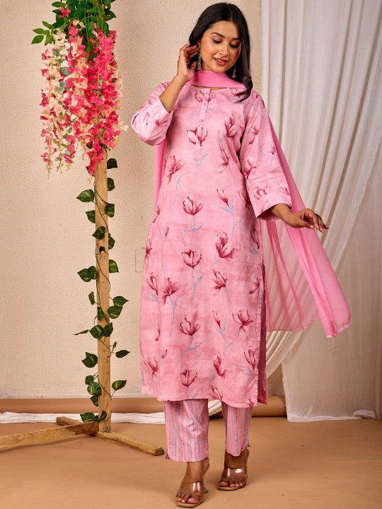 stylesutraa vogue Women Floral Printed Round Neck Straight Kurta with Pyjamas & Dupatta