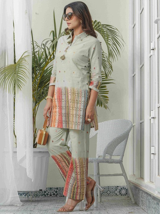 Printed Pure Cotton Schiffli Shirt Collar Tunic With Trousers