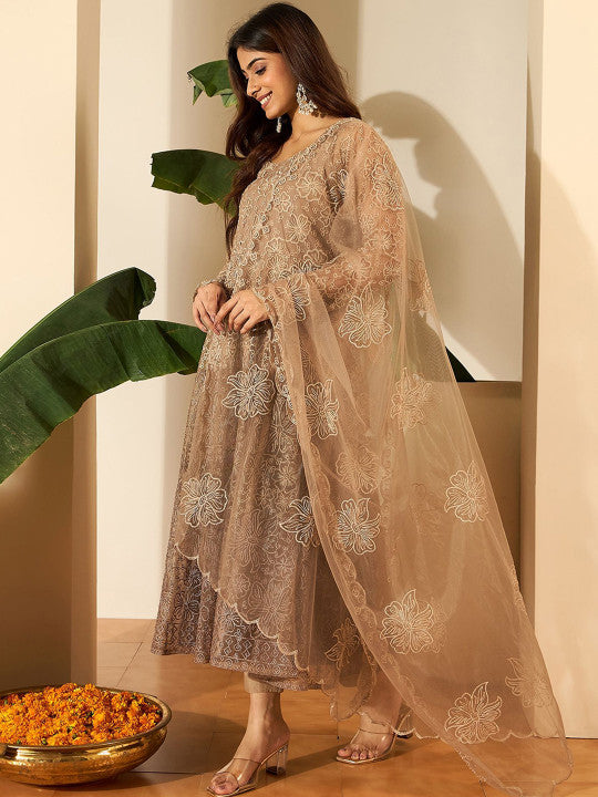 Inddus Women Floral Embroidered Round Neck Thread Work Kurta with Trousers & With Dupatta