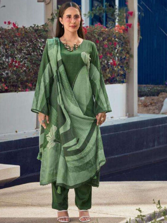 Floral Printed V-Neck Straight Thread Work Kurta With Trousers & Dupatta