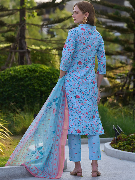 THE52 Floral Printed V-Neck Pure Cotton Straight Kurta With Trousers & Dupatta