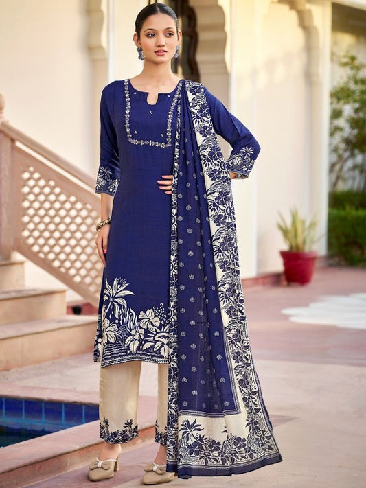 AVITRA Floral Printed Round Neck Beads And Stones Straight Kurta With Trousers & Dupatta