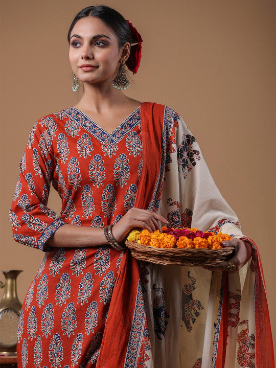 Indo Era Women Rust Ethnic Motifs Printed Regular Pure Cotton Kurta with Trousers & With Dupatta