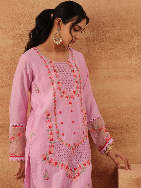 Ishin Floral Embroidered Round Neck Straight Kurta With Trouser & Dupatta