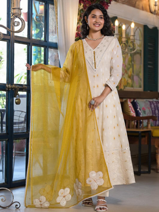 Aavanya Mustard Cotton Regular Anarkali V-Neck Sequinned Kurta and Trouser with Dupatta