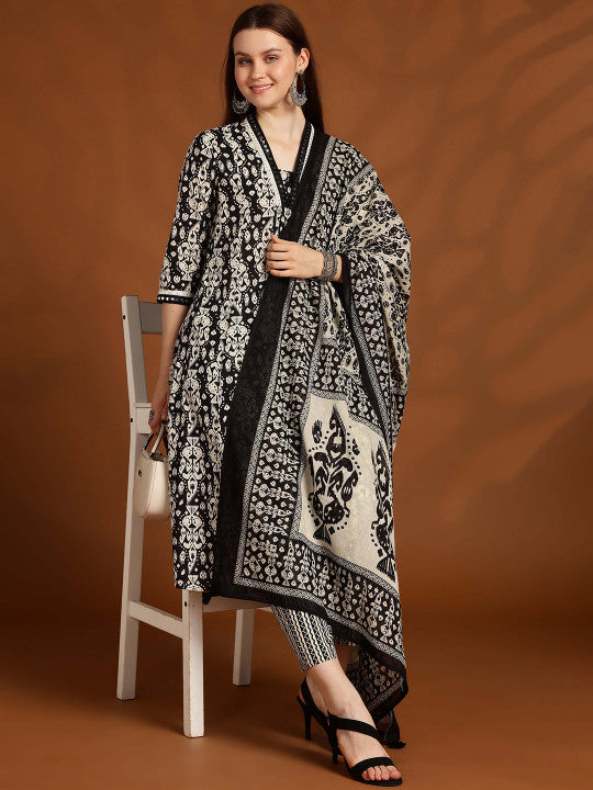 Anouk Women Floral Printed Panelled Cotton Kurta with Trousers & Dupatta