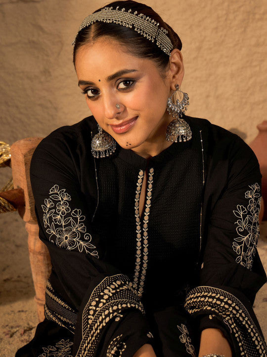 Indo Era Women Ethnic Motifs Embroidered Pure Cotton A-Line Kurta with Trouser & Dupatta