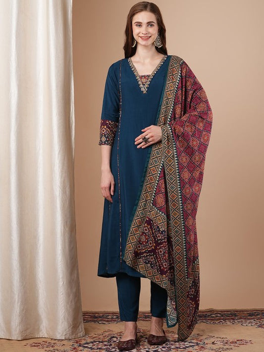 FASHOR Floral Embroidered V-neck Panelled A-Line Kurta