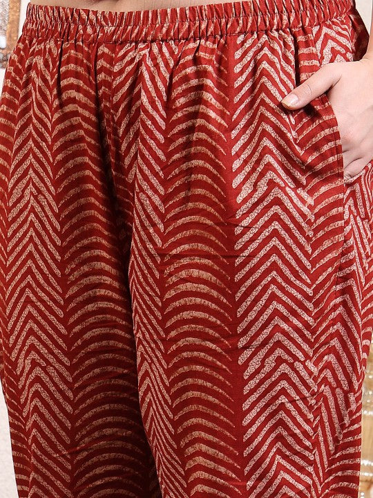 Sringam Printed Lapel Collar Long Sleeves Pure Cotton Top With Trouser