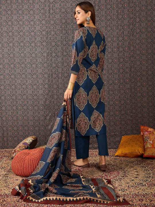 Indo Era Women Ajrakh Printed Straight Kurta Trousers With Dupatta Set