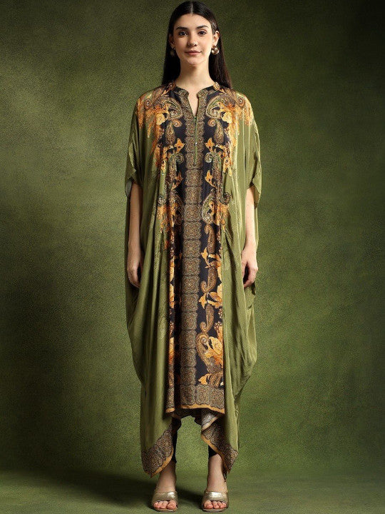 Printed Kaftan Sequinned Pure Silk Kurta With Trouser