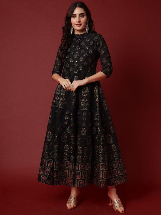 Aspriya Women Floral Printed Chanderi Anarkali Gown Maxi Ethnic Dresses